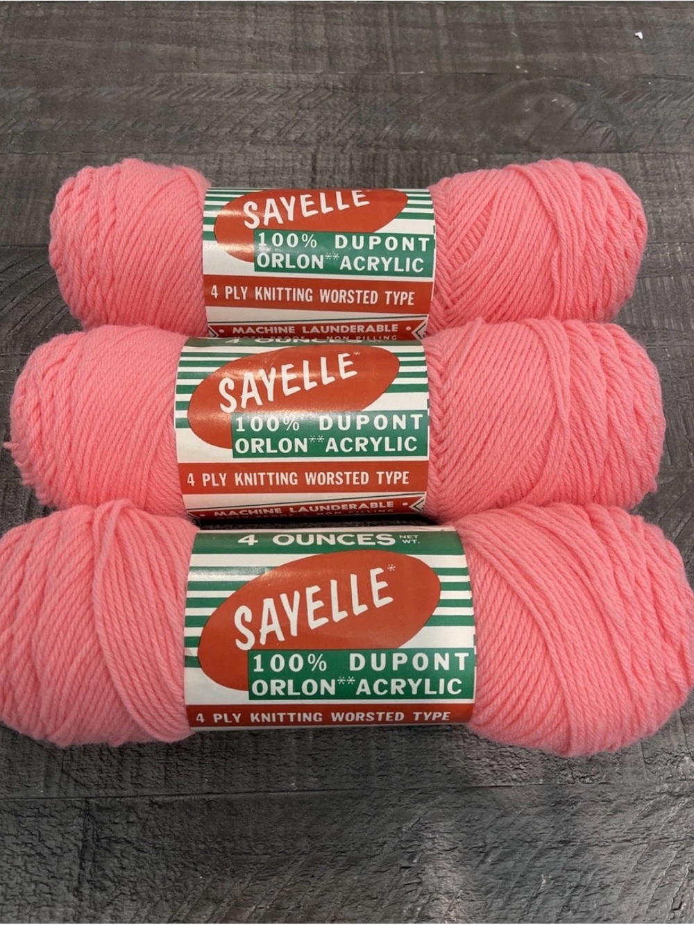 Lot of 3 Vintage Savelle Neon Pink Orlon Acrylic Yarn Skeins 4 oz Worsted